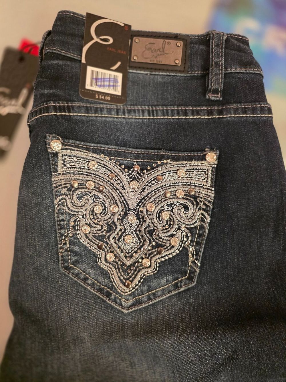 NWT Earl Jeans Dark Blue Skinny Jeans With Rhinestone  - Women Size 6 - Picture 2 of 7